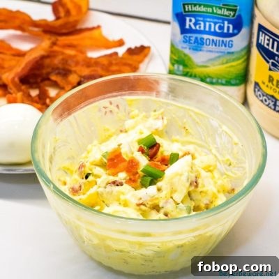Bacon Ranch Egg Salad is a low-carb and keto egg salad recipe made with base ingredients of hard-boiled eggs, bacon, mayonnaise, and ranch seasoning