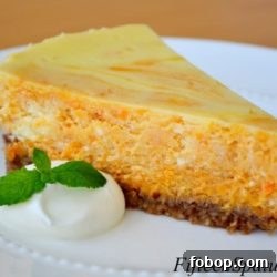 Pecan-Crust Sweet Potato Swirl Cheesecake Recipe 2 Sweet Potato Cheesecake - Sliced and Served on White Plate with Whipped Cream and Mint Sprig