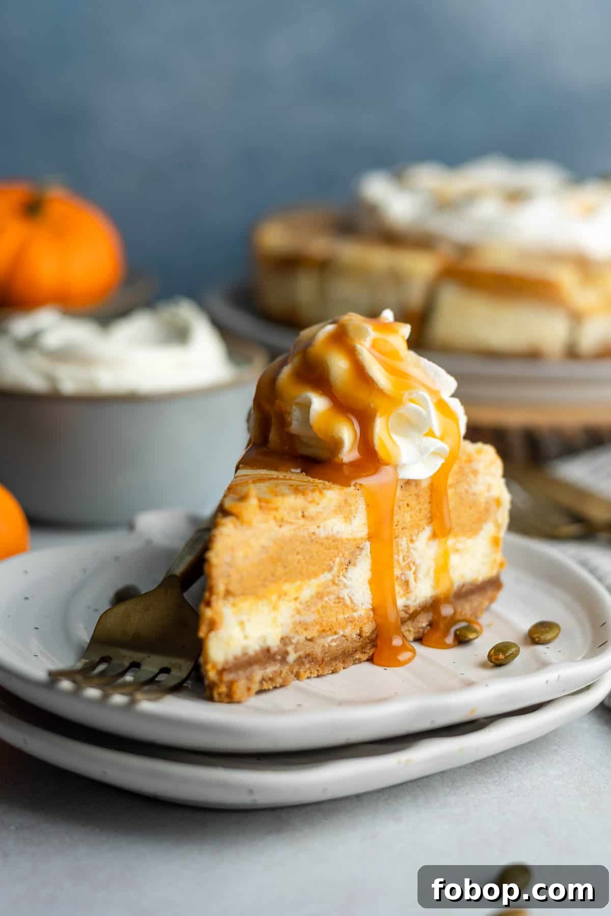 A slice of gluten-free pumpkin swirl cheesecake on a small plate topped with whipped cream and drizzled with caramel sauce.