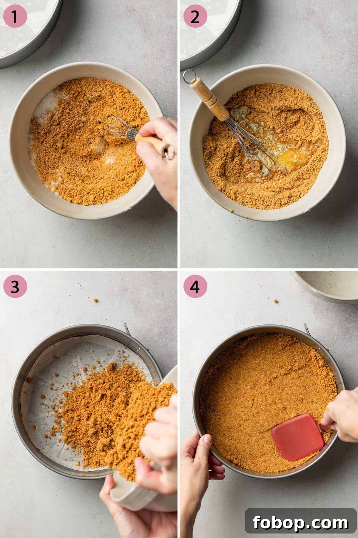 Steps showing mixing the graham cracker crust in a bowl then spreading and patting into prepared springform pan. 