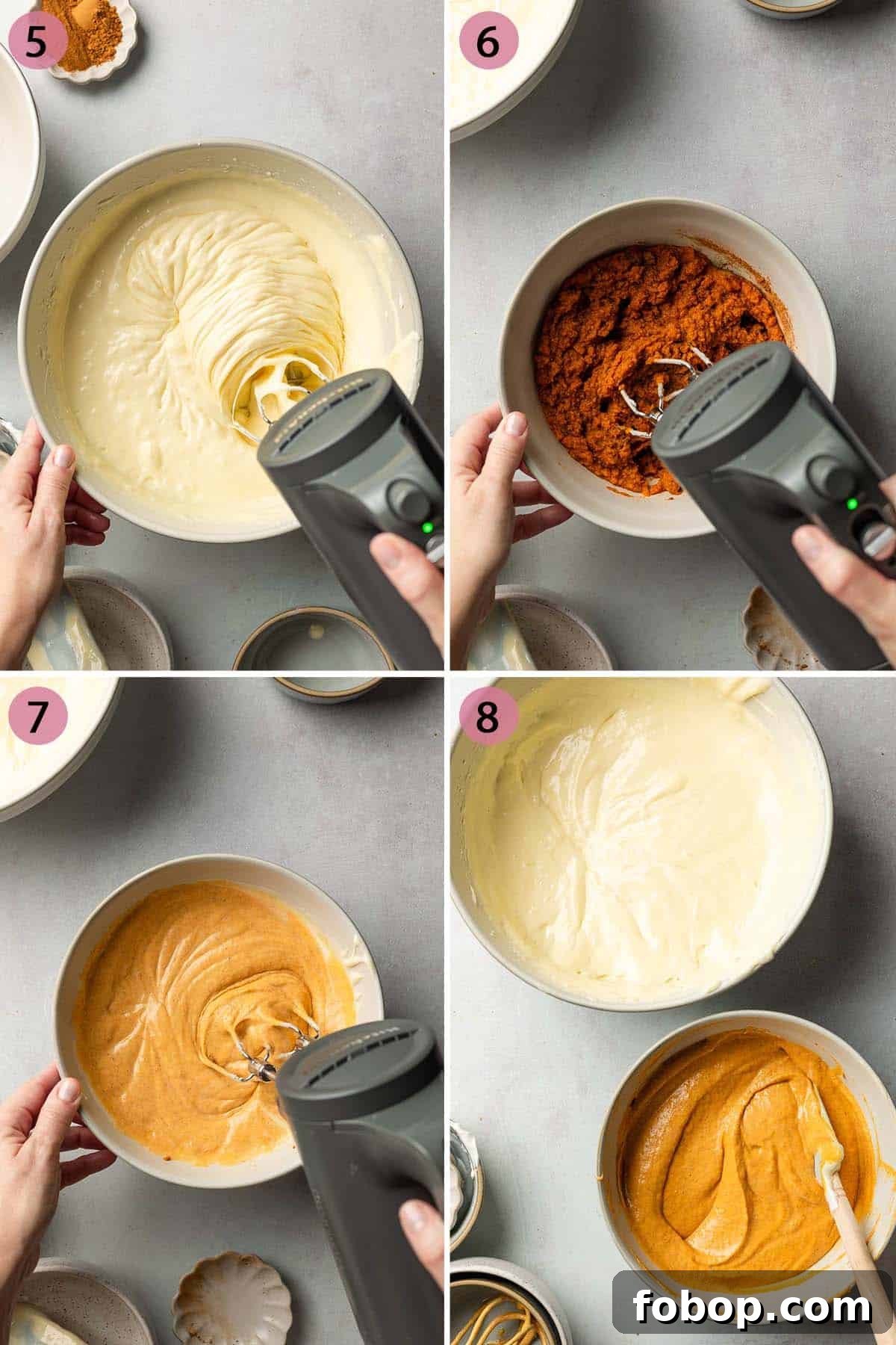 Steps showing the gluten-free cheesecake batter mixing in a bowl. 