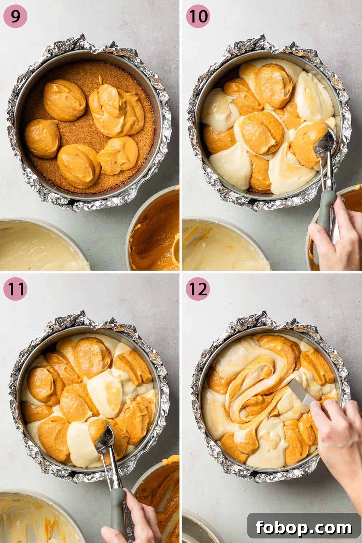 Steps showing alternating dollops of pumpkin batter and cheesecake batter going into springform pan, then swirled with offset spatula.