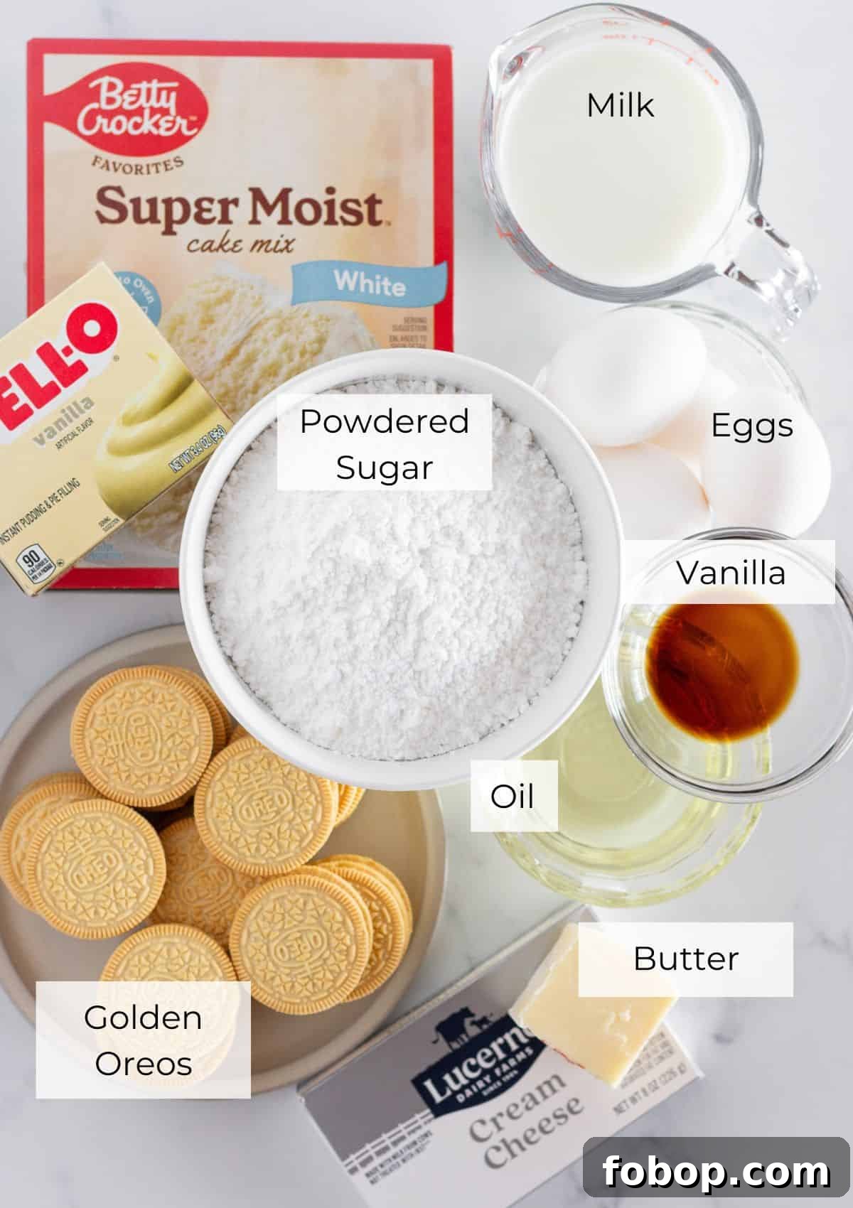 Ultimate Golden Oreo Cake Recipe: Moist, Crunchy Dessert 3 The ingredients needed to make a Golden Oreo cake.