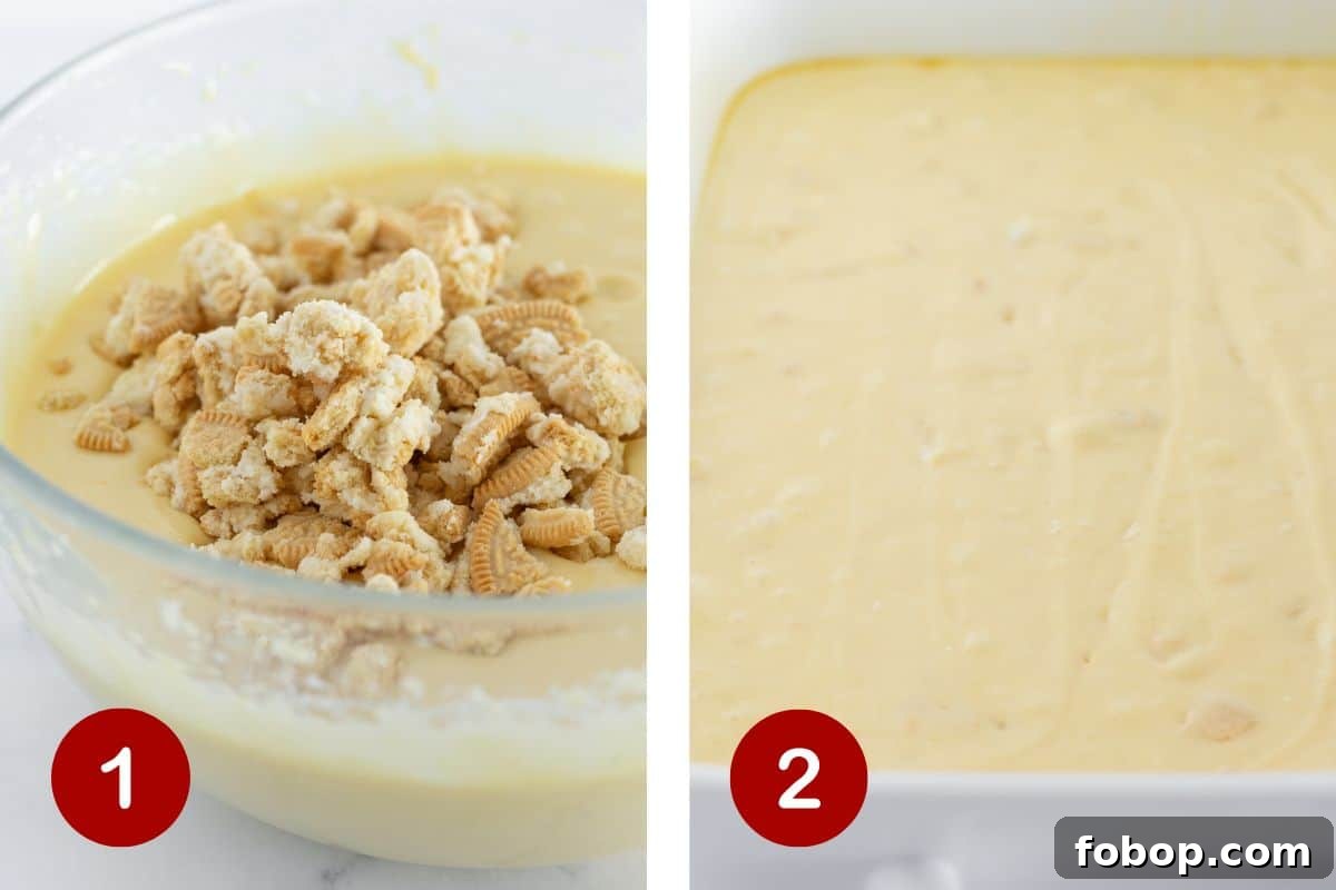 Ultimate Golden Oreo Cake Recipe: Moist, Crunchy Dessert 4 Mixing together the cake batter with Golden Oreo crumbs and pouring the batter into the 9x13 pan.