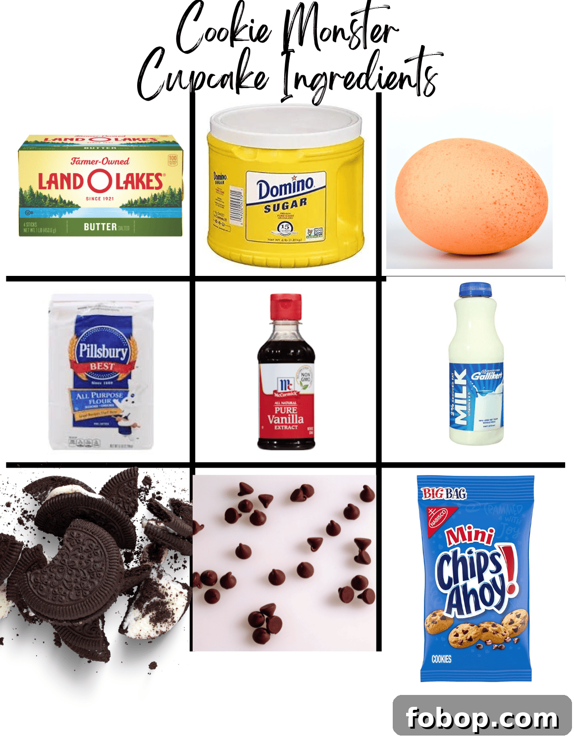 Cookie Monster Cupcakes: Fun Blue Cookie Dough Cupcake Recipe 3 a collage with butter, sugar, egg, flour, vanilla milk, oreos, chocolate chips, and chips ahoy cookies.