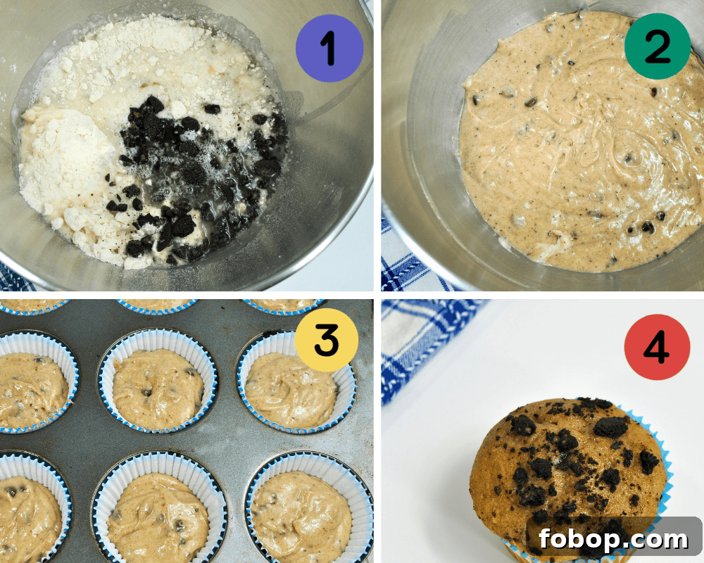 Cookie Monster Cupcakes: Fun Blue Cookie Dough Cupcake Recipe 4 a 4 image collage showing Oreo cupcake batter in bowls, in a muffin tin, and a baked Oreo cupcake.