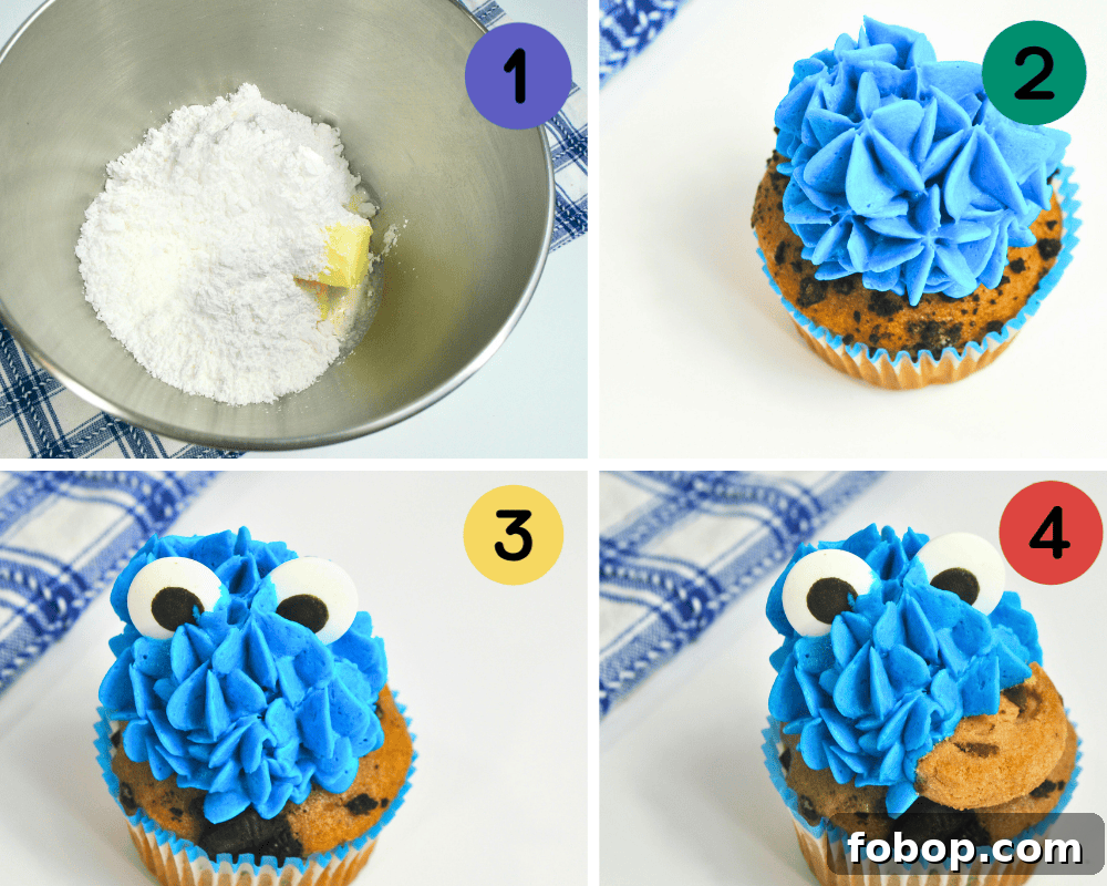 Cookie Monster Cupcakes: Fun Blue Cookie Dough Cupcake Recipe 5 a 4 image collage showing how to make buttercream, and how to pipe a cookie monster cupcake.