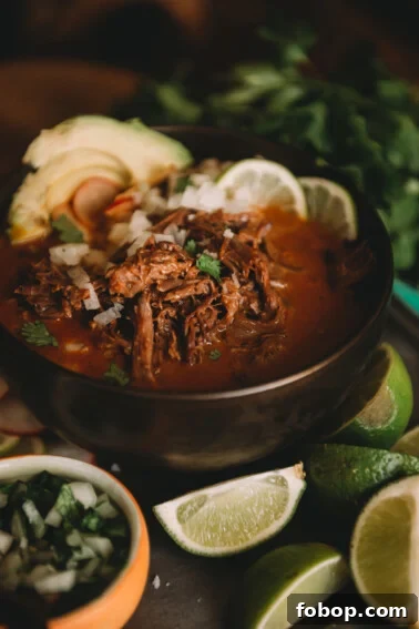 Authentic Mexican Pork Carnitas Recipe for Tender, Crispy Meat 4 Close up shot of Mexican birria; shredded tender beef in a rich chilies infused broth