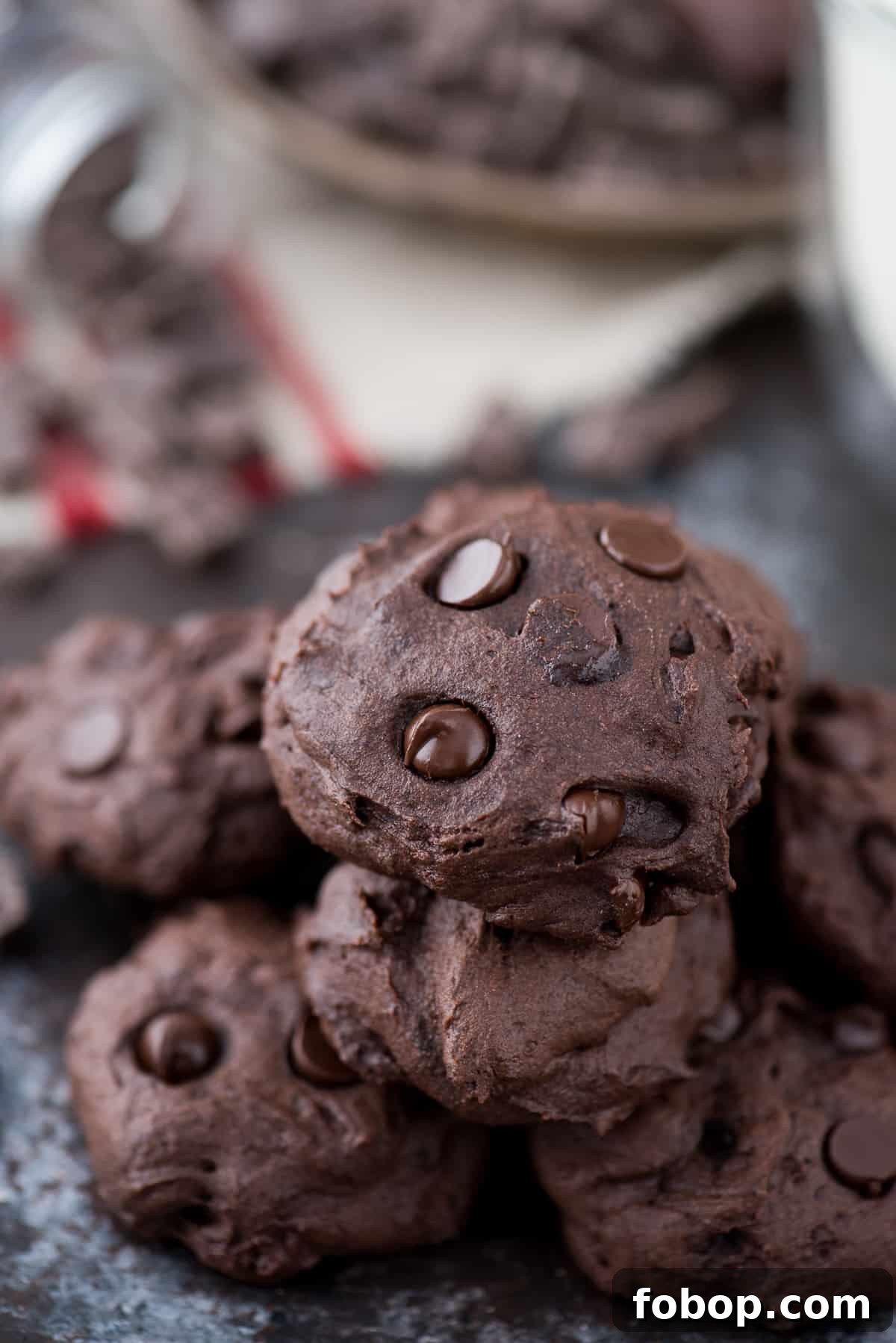 Healthier Dark Chocolate Coconut Oil Cookies Stack of healthier dark chocolate coconut oil cookies.