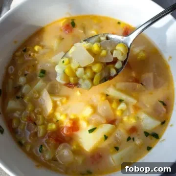 Creamy Summer Corn Chowder Recipe with Fresh Corn and Herbs 6 Corn chowder in serving bowl with spoonful close up