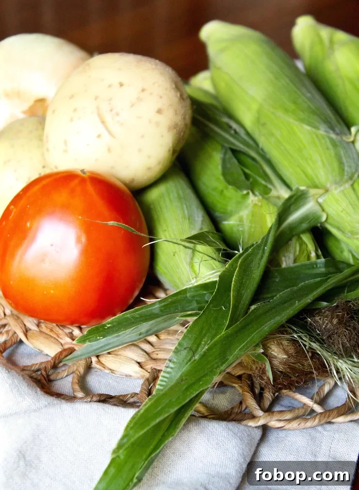 Creamy Summer Corn Chowder Recipe with Fresh Corn and Herbs 2 Ingredients photo, fresh farm market vegetables.