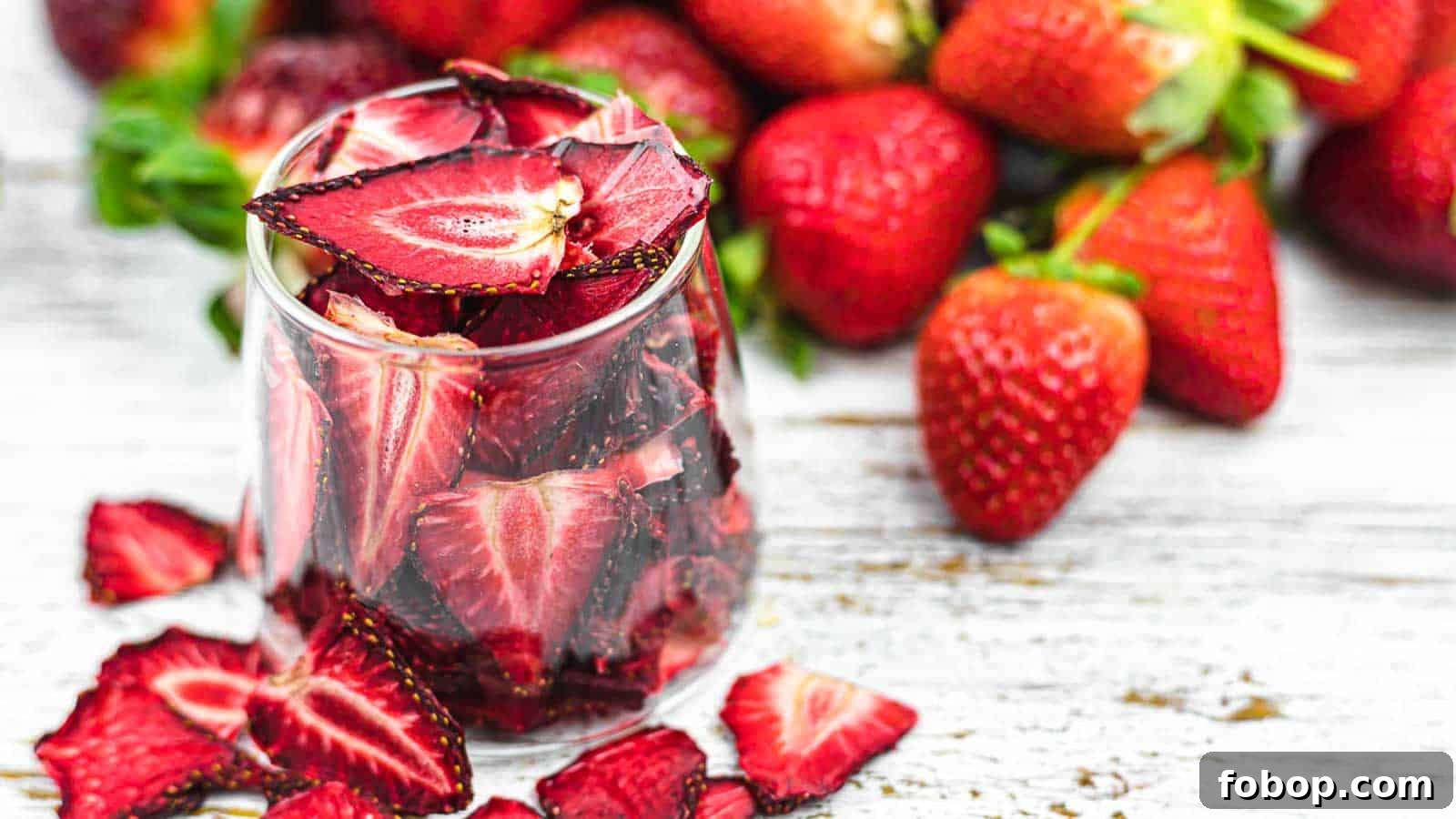 11 Irresistible Strawberry Recipes That Put Fruit Centerstage 13 Dehydrated Strawberries in a glass with fresh strawberries in the background.