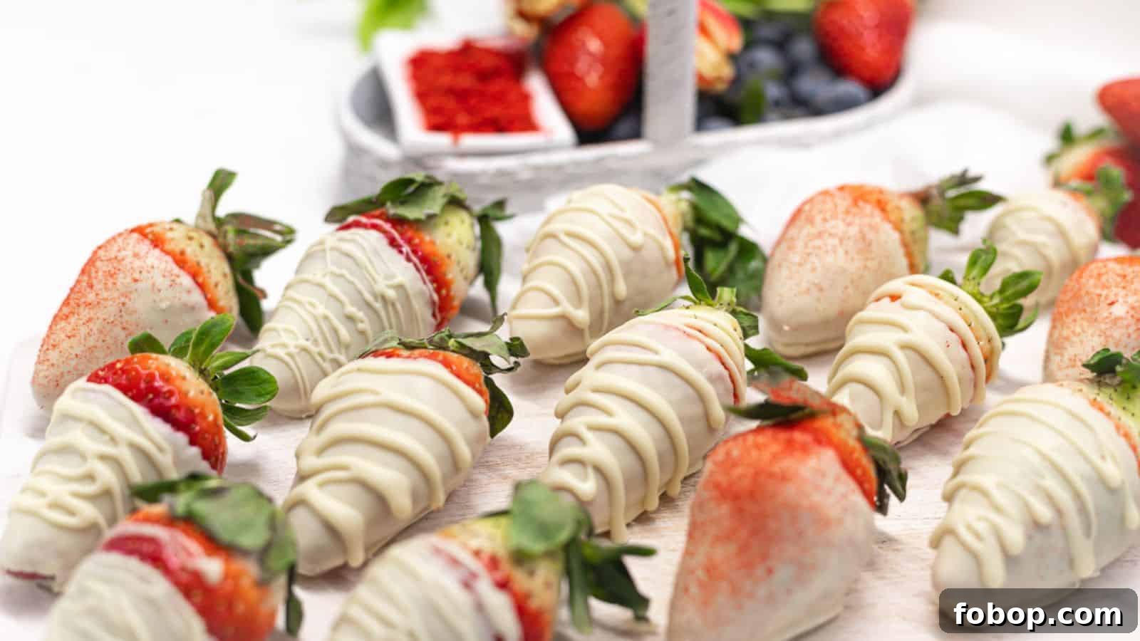 11 Irresistible Strawberry Recipes That Put Fruit Centerstage 4 White Chocolate Covered Strawberries on a white wooden board.