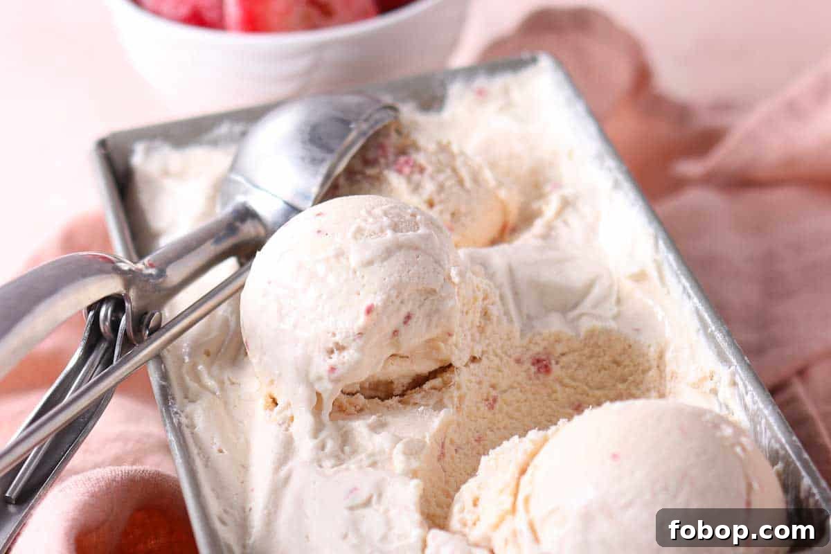 11 Irresistible Strawberry Recipes That Put Fruit Centerstage 7 Rectangular metal container filled with scoops of creamy ice cream and a metal ice cream scoop, with a bowl of fruit in the background.