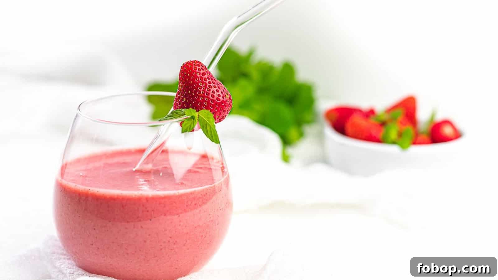 11 Irresistible Strawberry Recipes That Put Fruit Centerstage 9 Strawberry Mint Keto Smoothie inside a glass with straw and fresh strawberry.