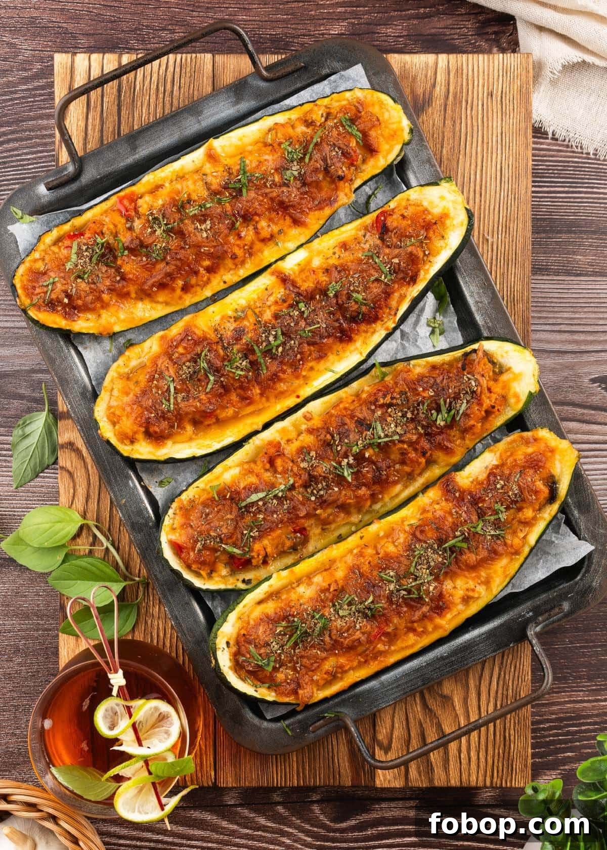 Cheesy Stuffed Zucchini Boats on a board.