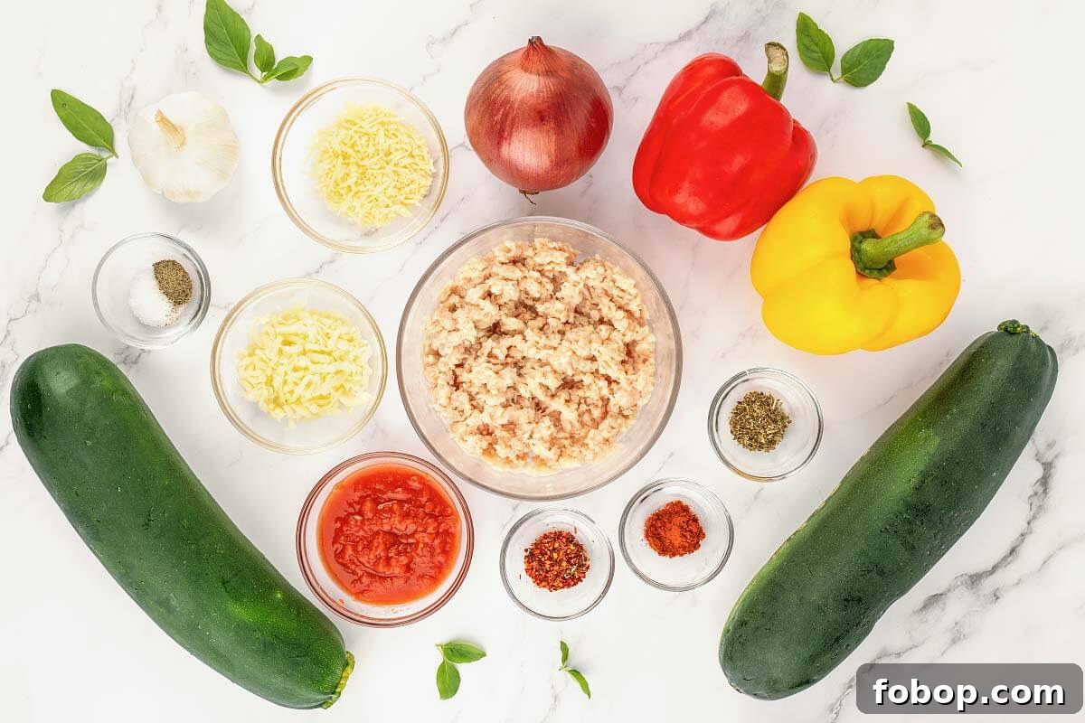 Stuffed Zucchini Boats ingredients shot.