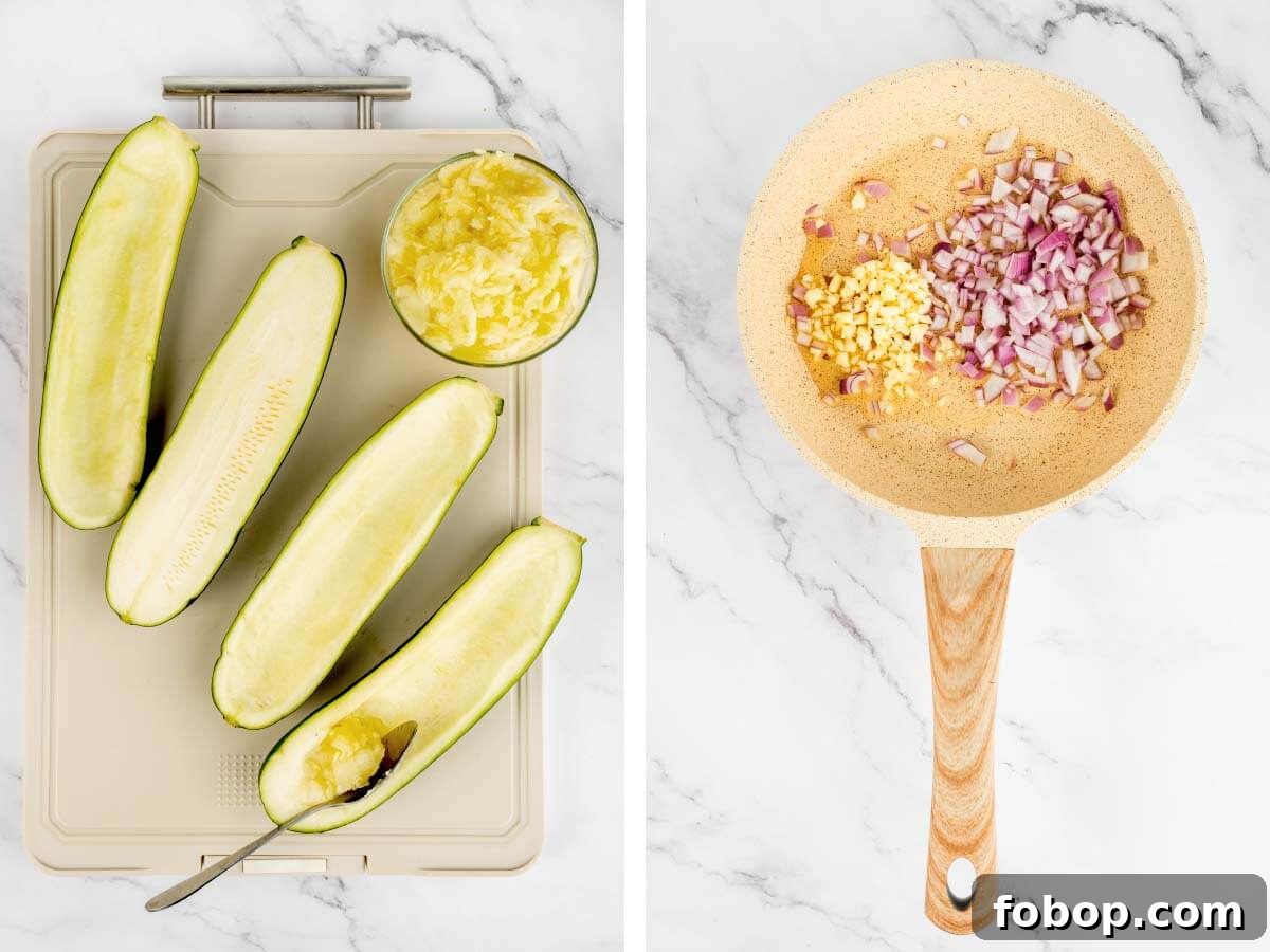 scooping out zucchini, onion and garlic in pan.