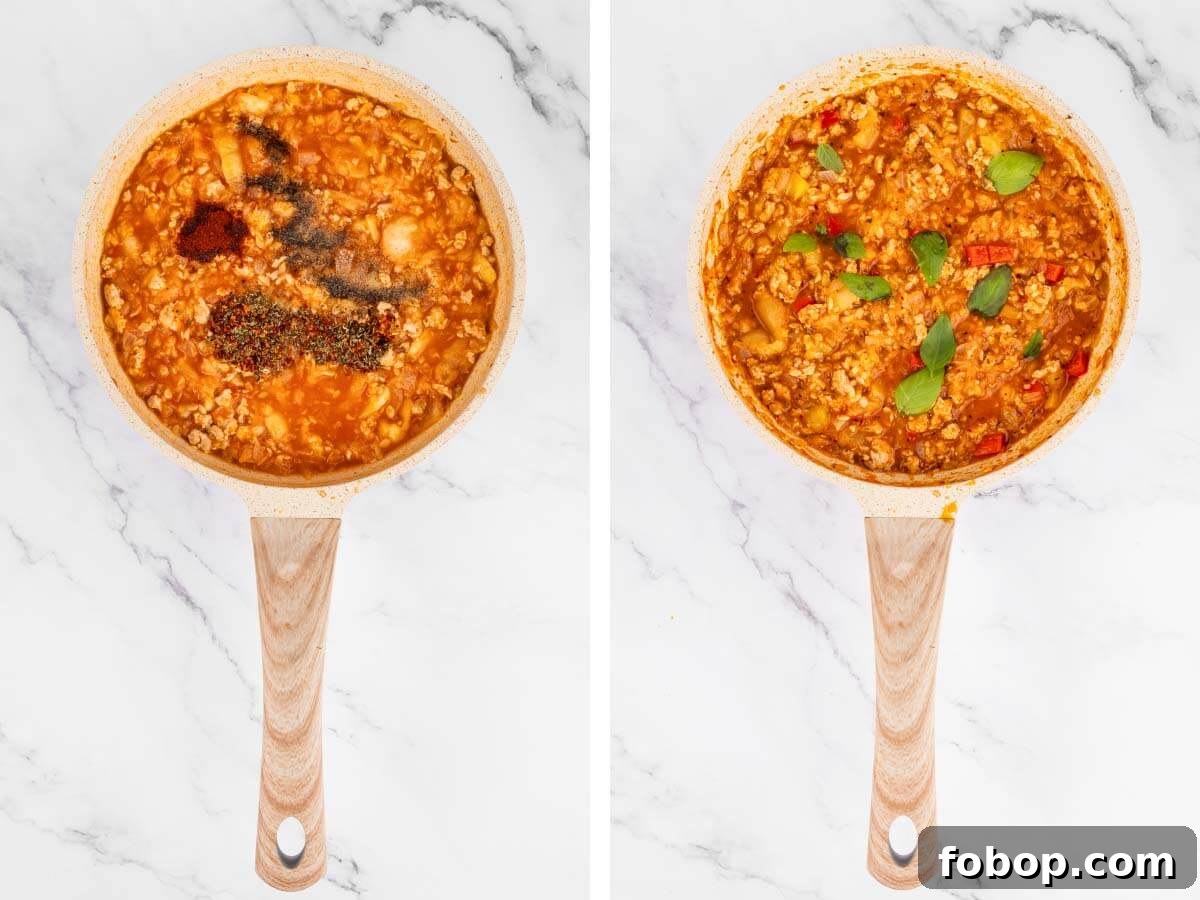 spices added to pan, bell peppers and basil added.