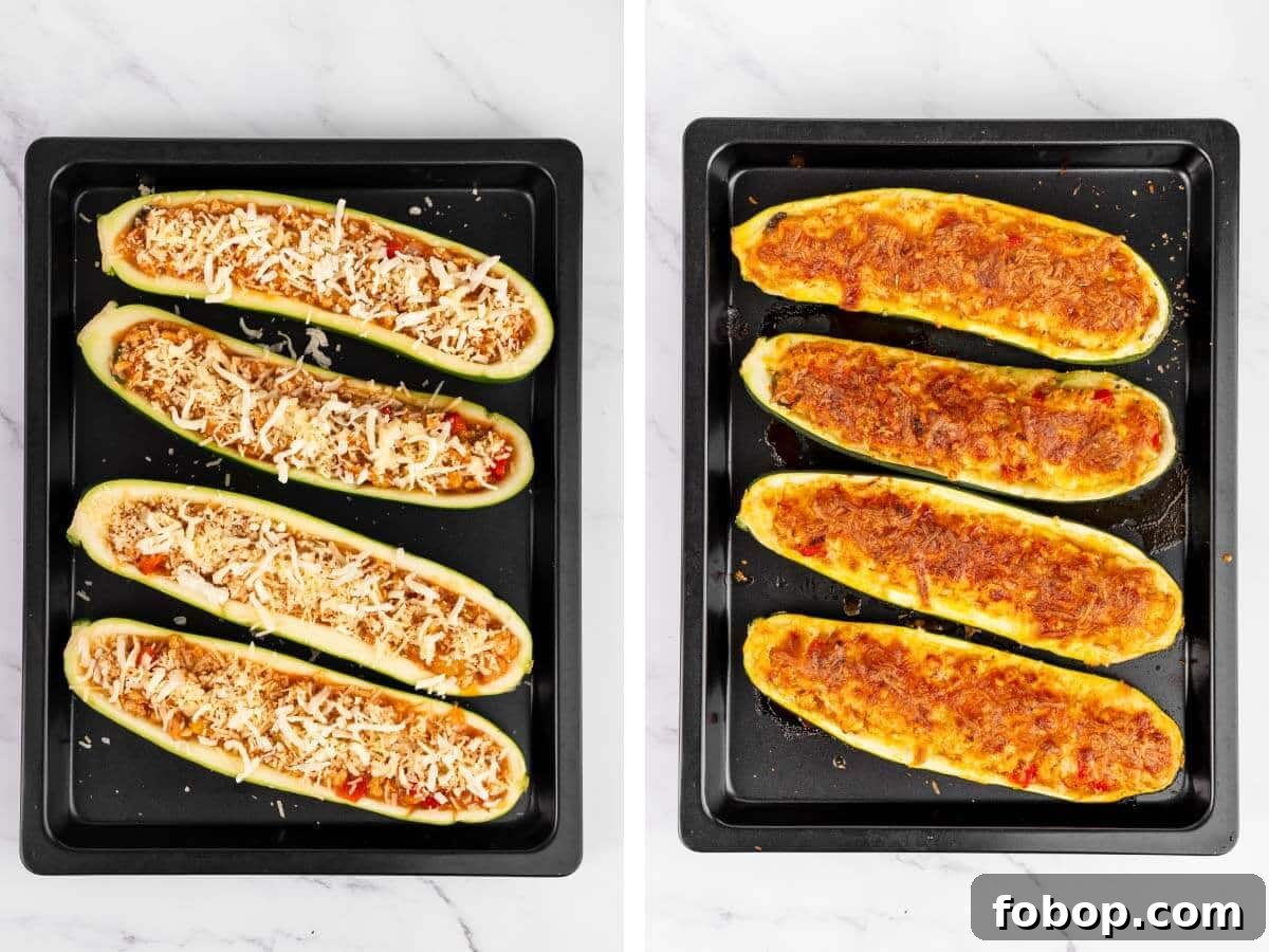 zucchinis stuffed ready to bake, baked zucchini boats,