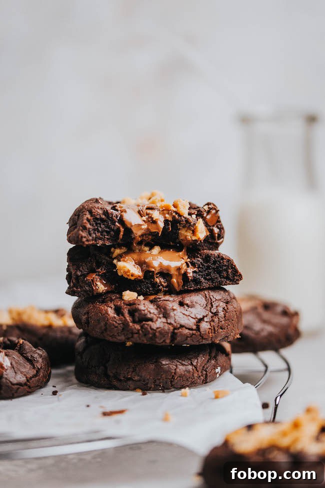 Double Chocolate Nutella Toffee Cookies Recipe for Chocolate Lovers 3 Cookies with Nutella center and toffee topping