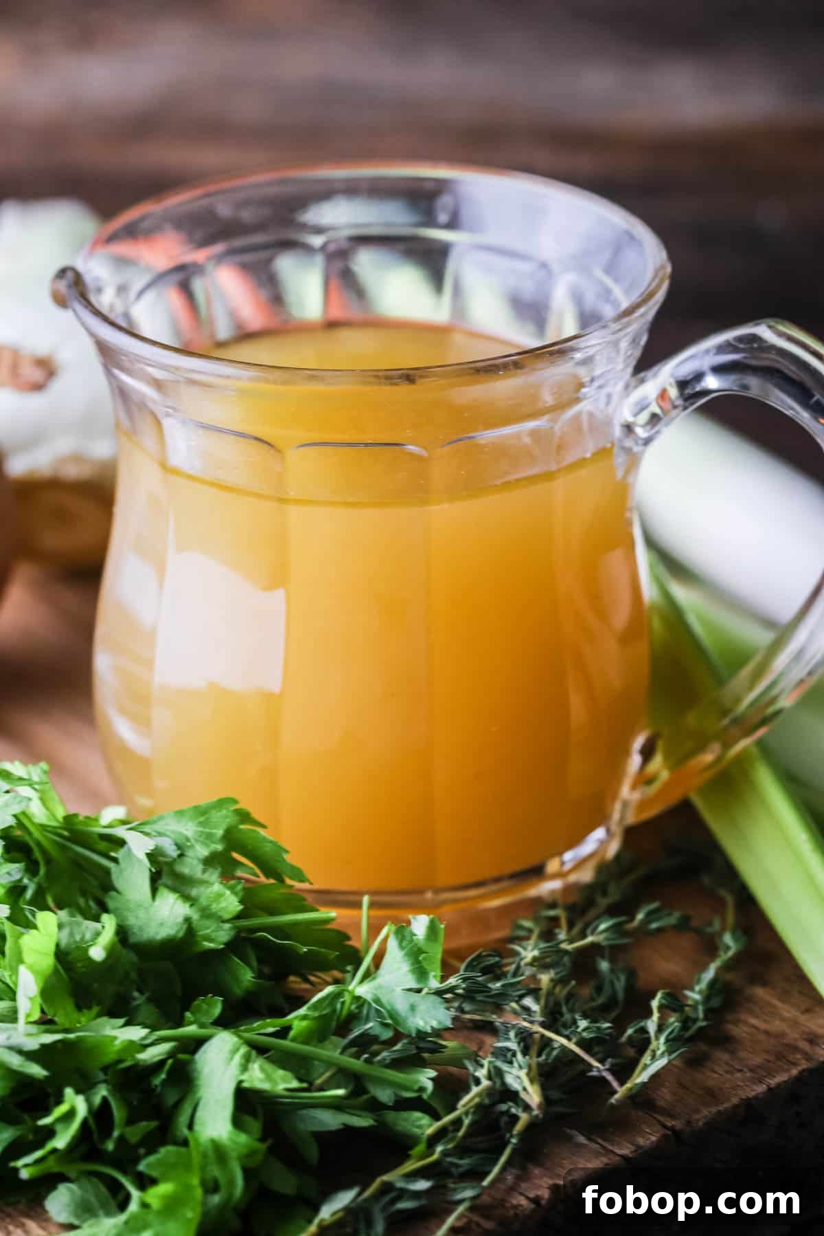 Homemade Chicken or Turkey Stock in a jug, a deep rich golden liquid, surrounded by vegetables and aromatics.