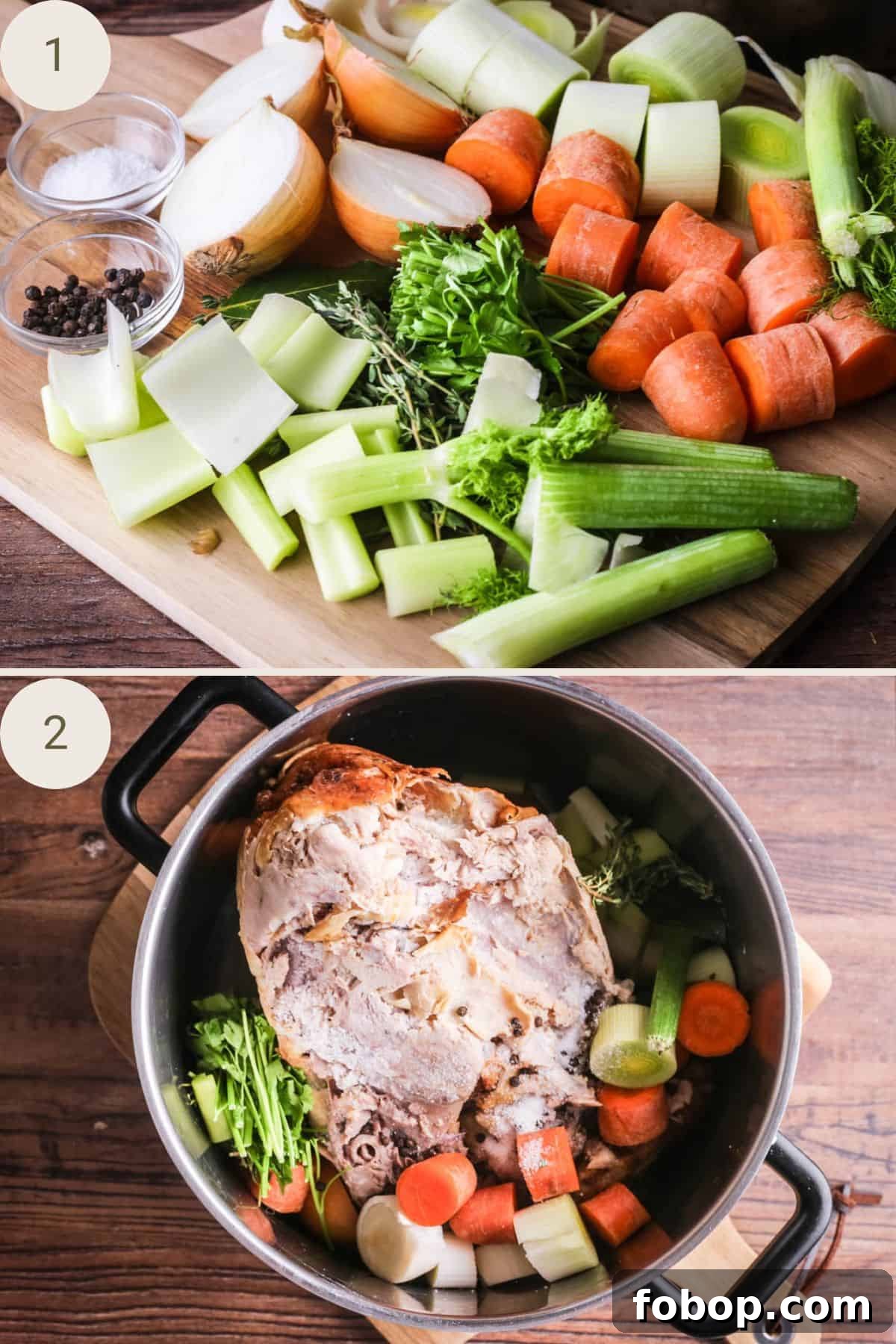 Vegetables roughly chopped on cutting board. Placed in the cooking pot with turkey carcass.