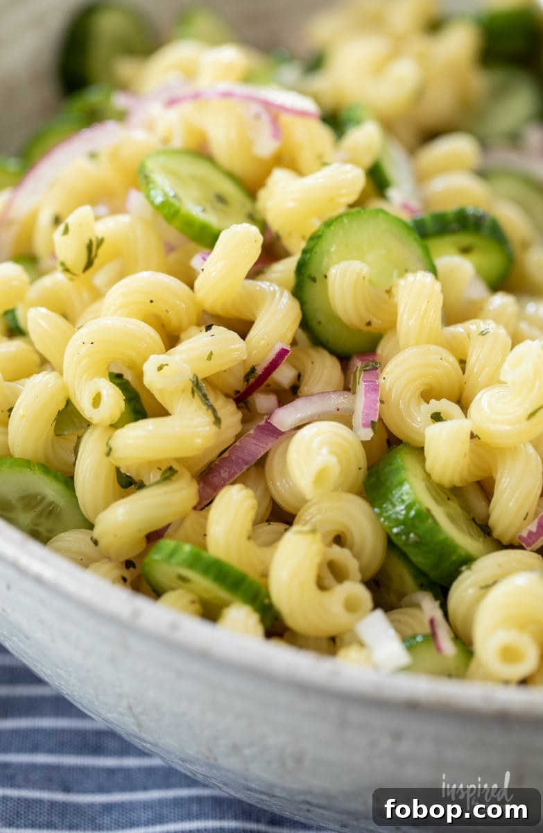 close up of noodles, cucumbers, and red onion salad in a bowl.