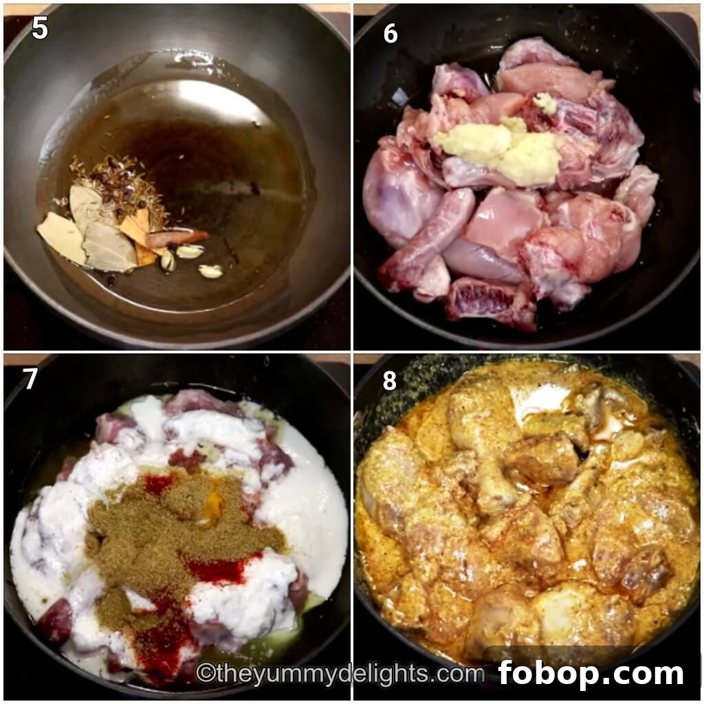 collage image of 4 steps showing how to make chicken korma recipe. It shows sauteing whole spices, addition of chicken, ginger-garlic paste, spice powders and yogurt.