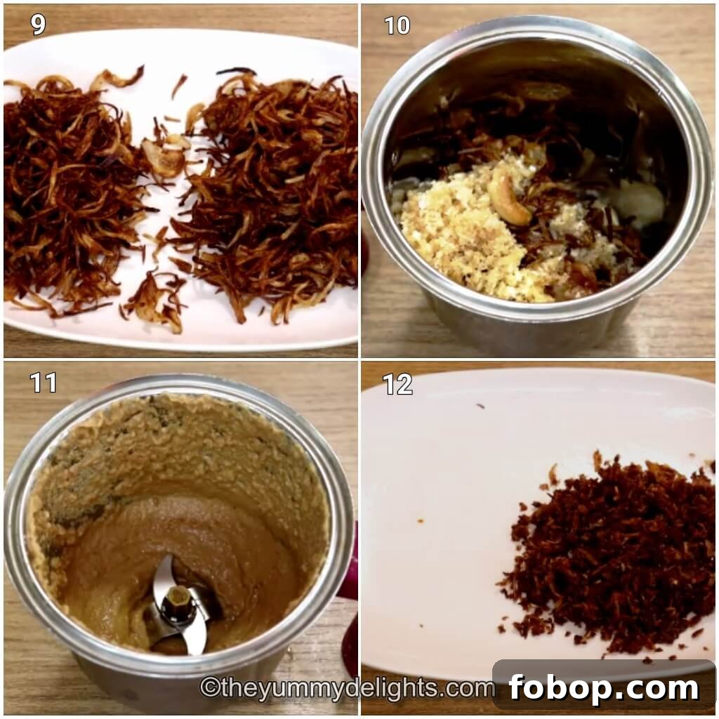 collage image of 4 steps showing how to make nuts paste for chicken korma sauce.
