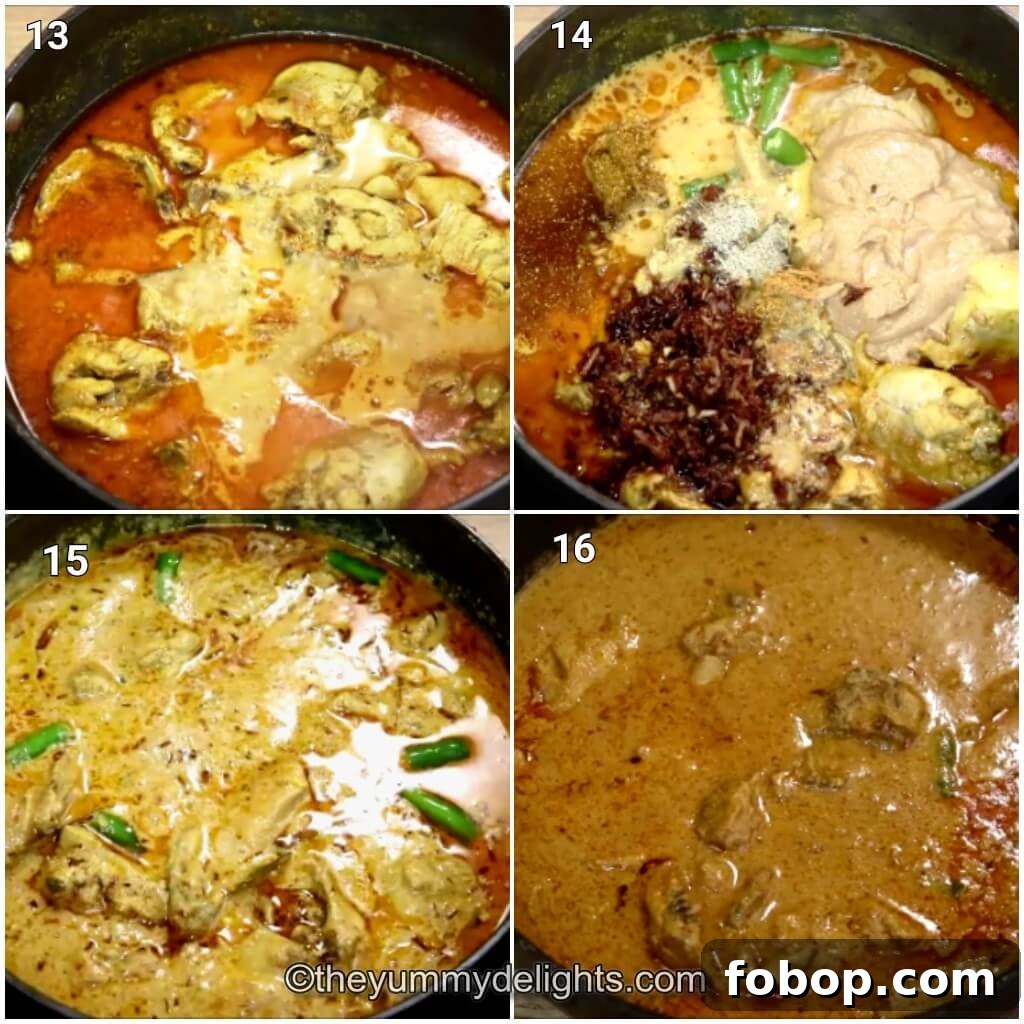 collage image of 4 steps showing making authentic chicken korma. It shows fried onions and nuts paste, crushed onions, garam masala powder, green chilies, keora water, cardamom powder, and mace powder to the gravy.