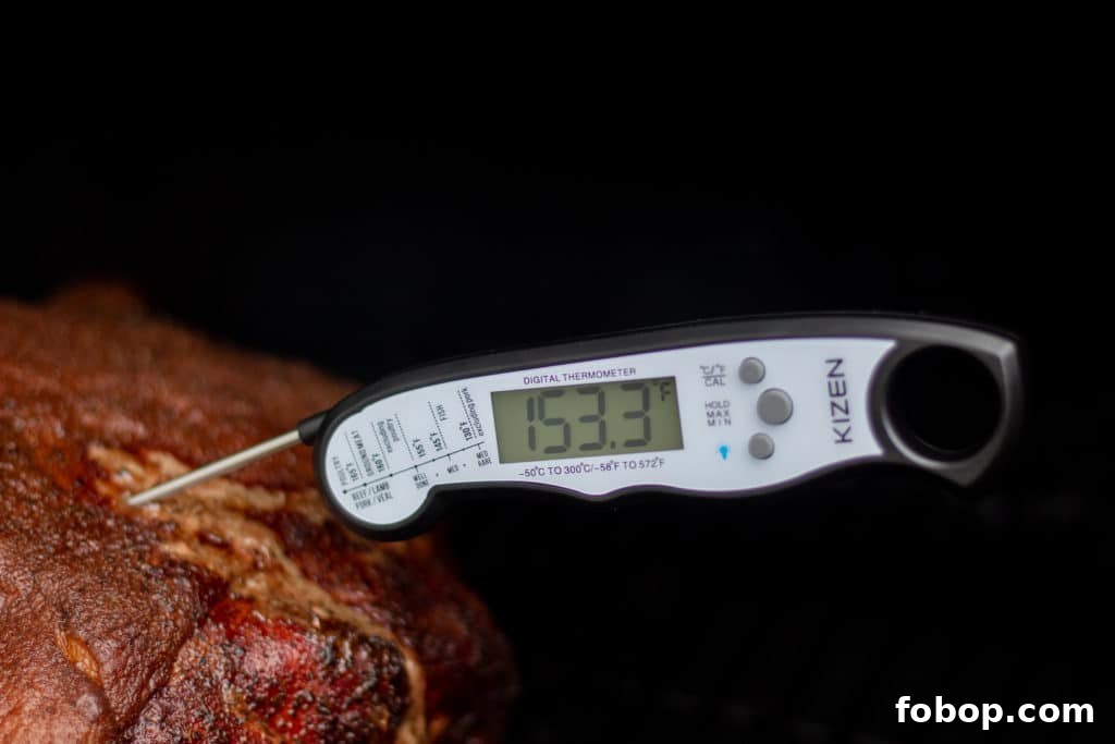 Using Kizen thermometer on pork shoulder