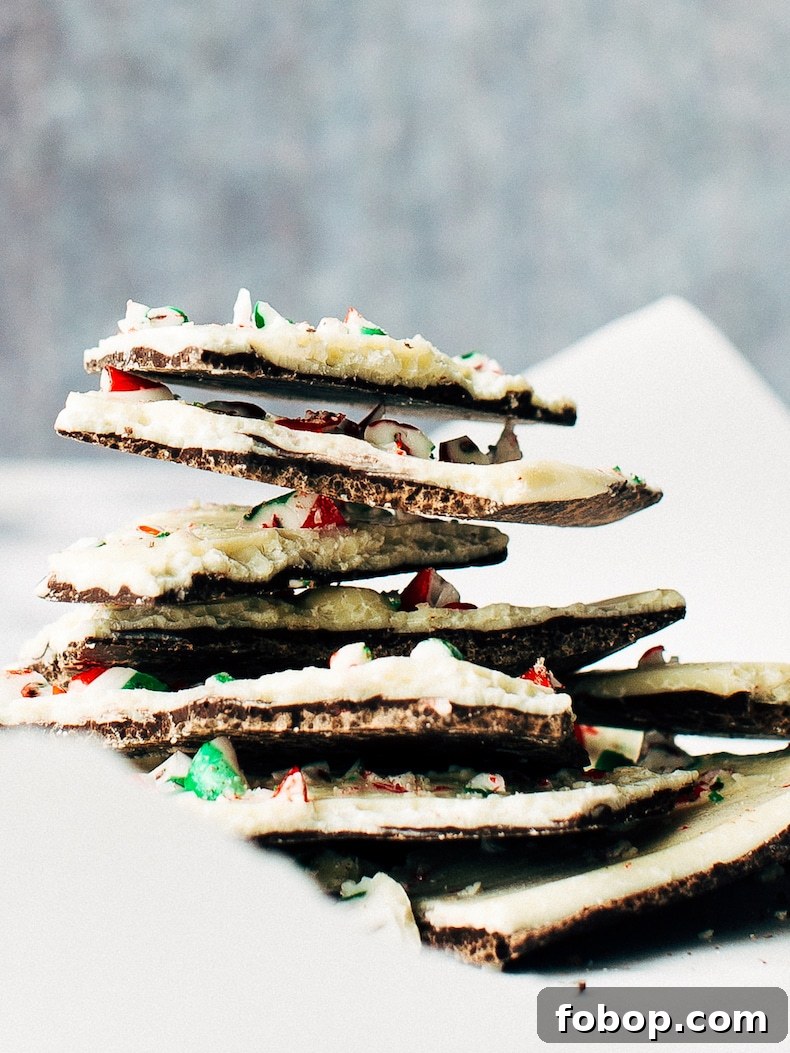 White Chocolate Candy Cane Bark for Christmas Gifts & Parties 3 stack of pieces of candy cane bark