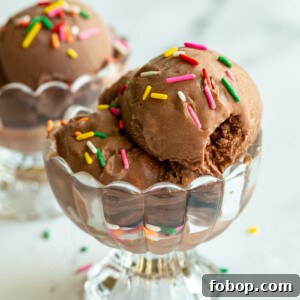 chocolate ice cream in a clear dish and topped with colorful sprinkles
