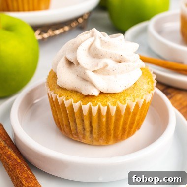 filled apple pie cupcake topped with cinnamon whipped cream & sitting on a small white plate