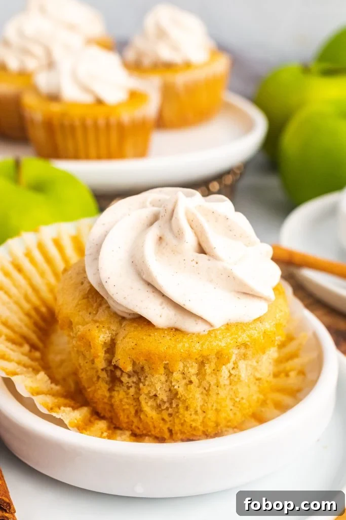 filled apple pie cupcake topped with cinnamon whipped cream & sitting on a small white plate