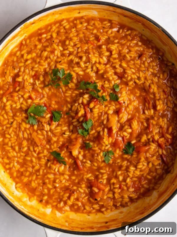 overhead shot of tomato risotto in large shallow frying pan on white surface.