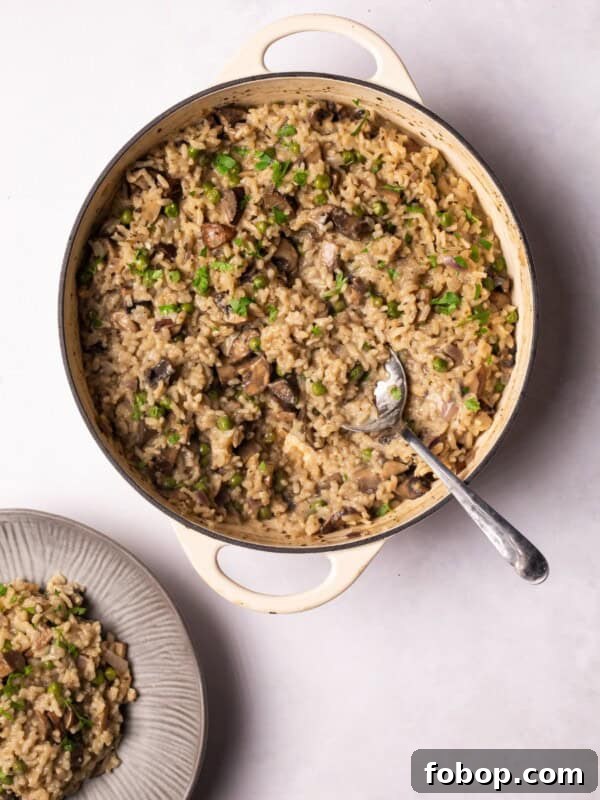 Vegan Mushroom Risotto served on a plate and in a serving dish.
