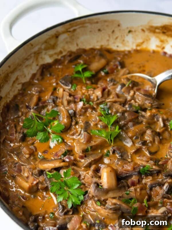 Vegan Mushroom Stroganoff served in a large non-stick frying pan with silver spoon.