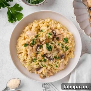 Chicken and Mushroom Risotto served on a plate.