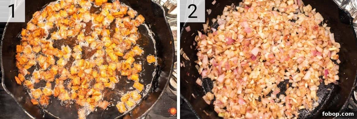 process shots of cooking bacon in skillet before cooking shallots and garlic