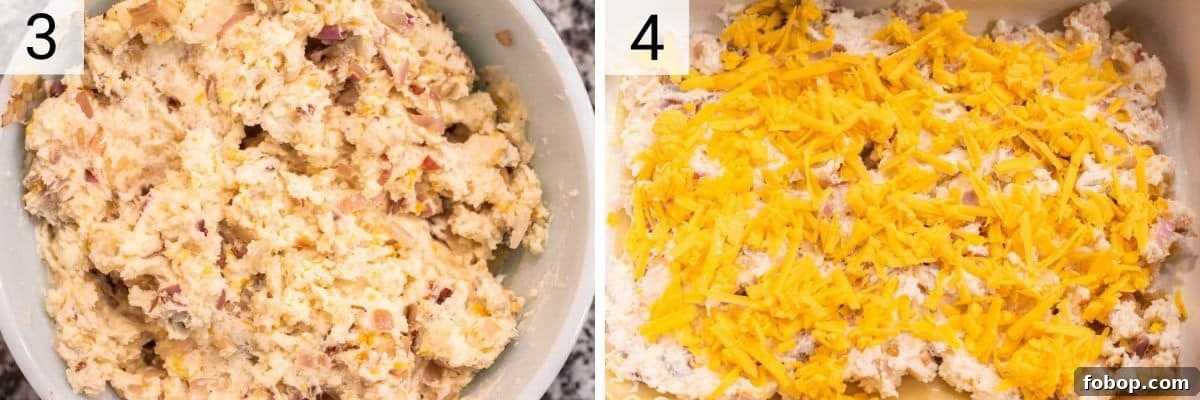 process shots of mixing potatoes with the rest of the ingredients before layering in a baking dish with pasta noodles