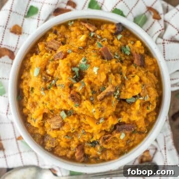 overhead shot of mashed sweet potatoes in bowl