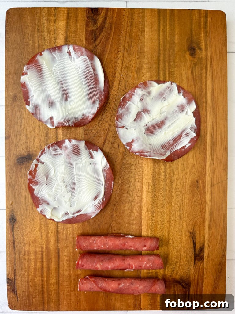 Savory Dried Beef Roll-Ups Recipe for Appetizers and Snacks 6 Dried beef and cream cheese laid out showing how to make dried beef roll-ups