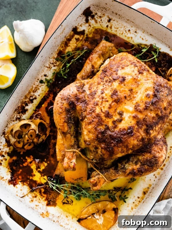How Long to Cook Whole Chicken Recipe Perfect & Juicy- cooked roast chicken in a large roasting pan with lemons and garlic on the side.