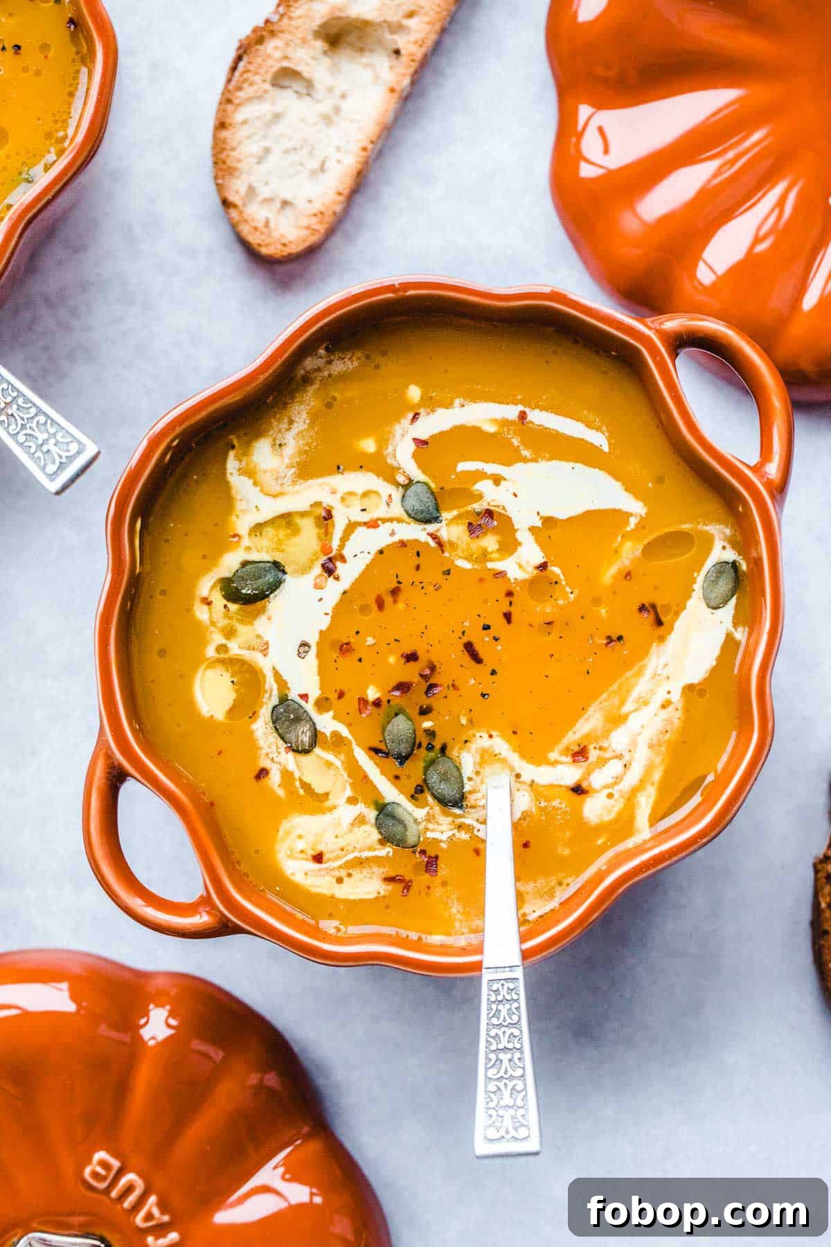 Vegan Pumpkin Soup in a Staub mini pumpkin cocotte