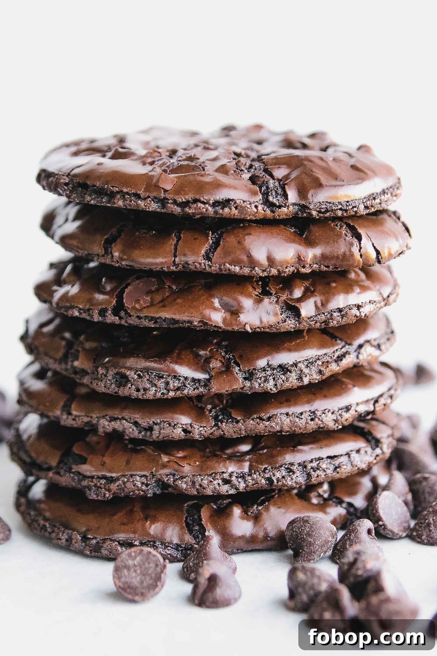 Gluten-Free Chocolate Chip Cookies — Flourless Recipe That Melts 2 A stack of seven Flourless Chocolate Cookies.