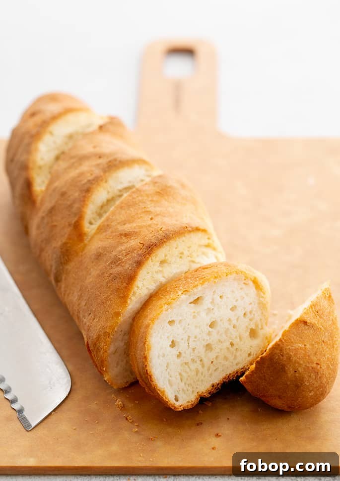 Crispy Gluten-Free French Baguettes: Artisan-Style Recipe 2 Loaf of gluten free french bread baguette partially sliced on a light brown board with a bread knife