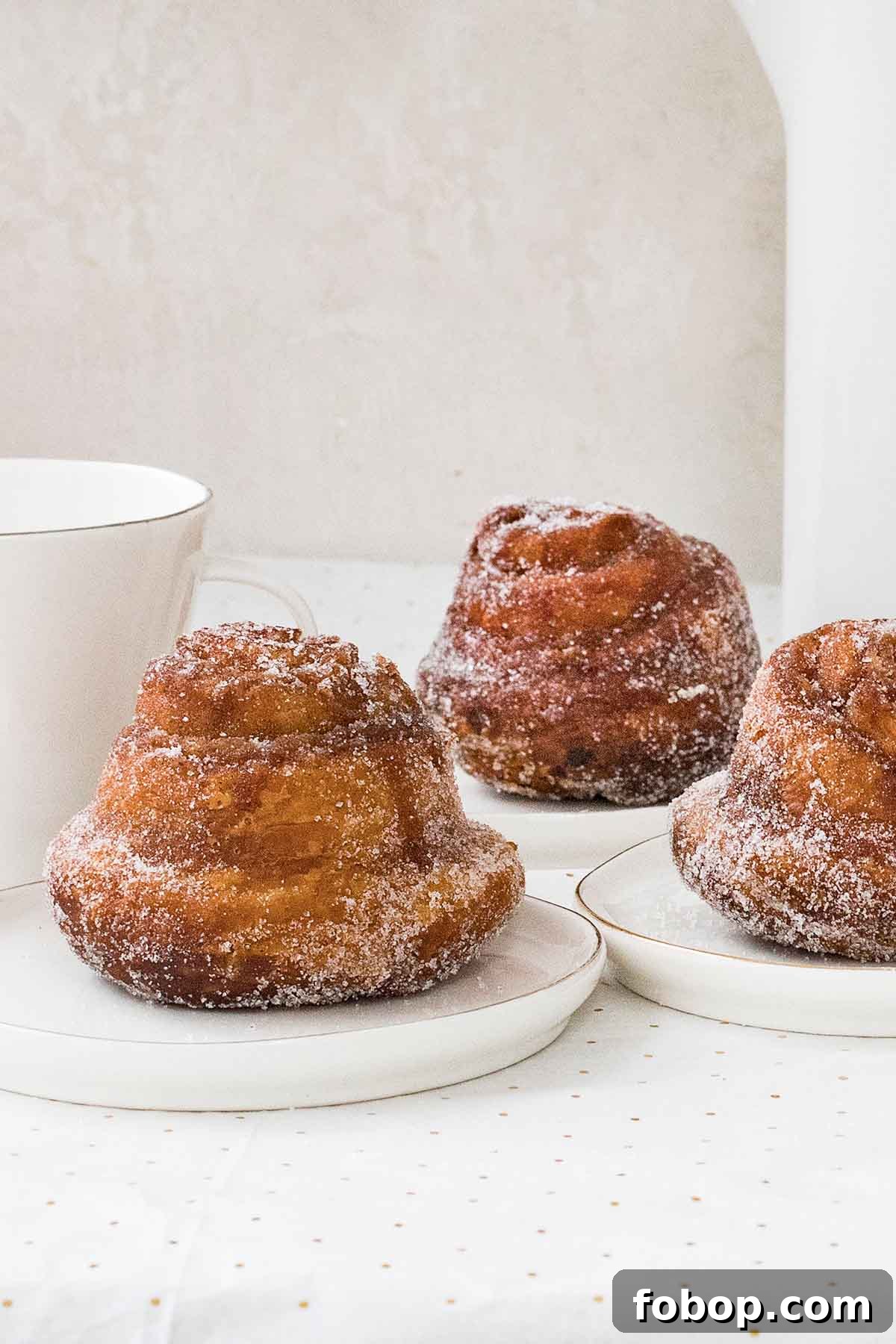 Perfectly Flaky Morning Buns: Cinnamon Sugar Pastry Recipe 2 Three morning buns on small white plates, dusted with granulated sugar, with a coffee cup behind them.