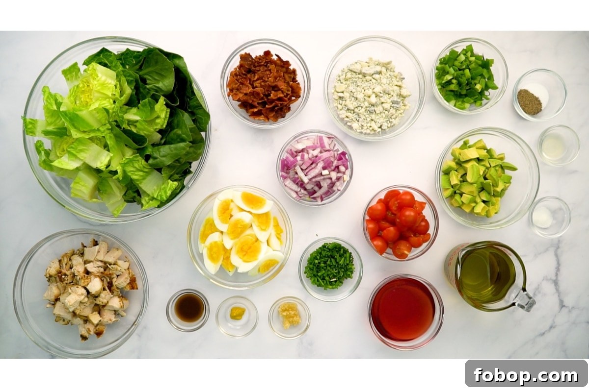 Cobb Salad with Homemade Dressing Recipe for Fresh Flavor 3 cobb salad ingredients in separate bowls